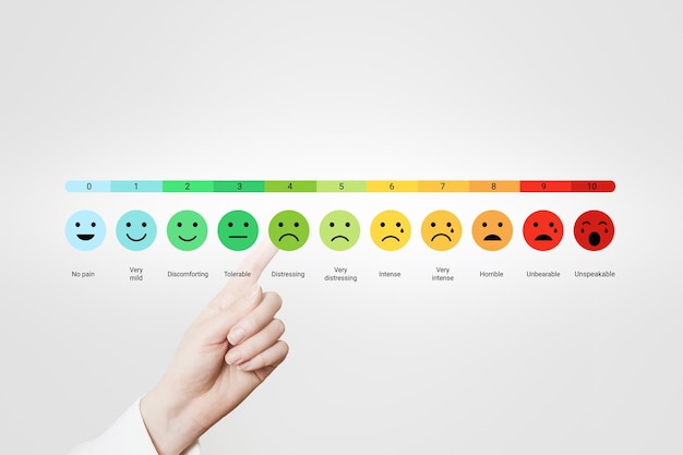 young woman pointing her finger at pain scale or emotional tone scale