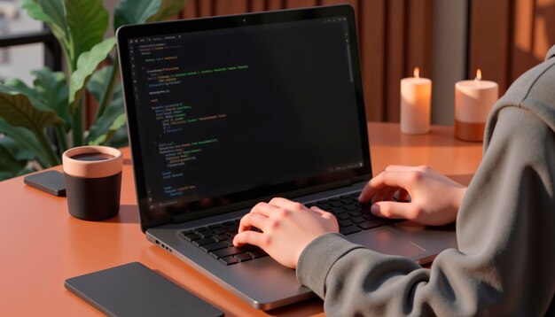 Coder working on laptop with candles and coffee