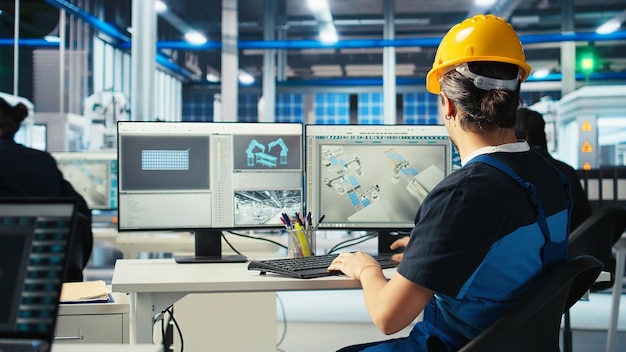 eco friendly solar panels plant technician designing production lines on pc