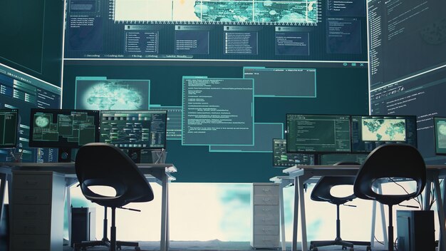 Empty governmental cyber security room with computers and software displays