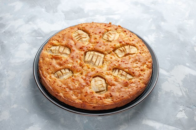 front view yummy apple pie sweet baked inside pan on white desk pie cake biscuit sweet sugar bake