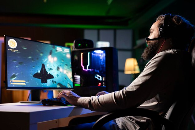 gamer navigating universe in simulation game chatting with friends on mic