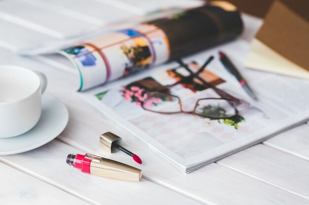 glasses on magazine