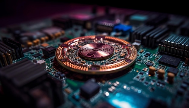 Inside the computer intricate circuitry connects components generated by AI
