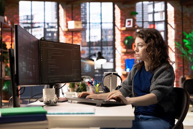 IT specialist at workstation programming on monitor and writing lines of code