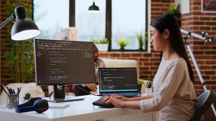 Miễn phí Photo it specialist types code on dual monitors in a cozy home office