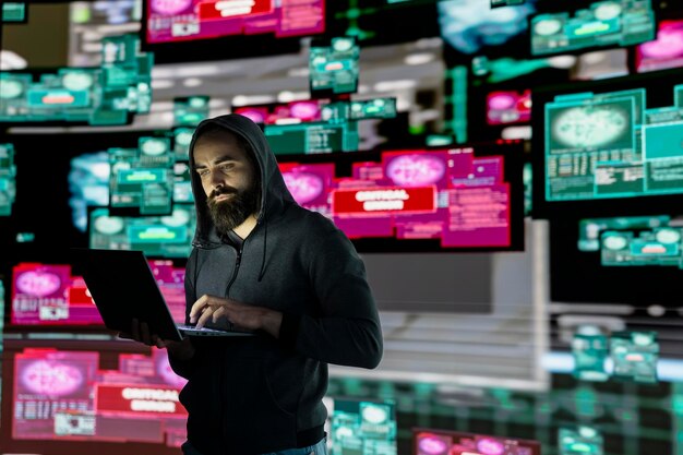 male hacker operates in stealth mode breaching system access through coding