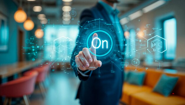 Man activating digital on button on a futuristic interface