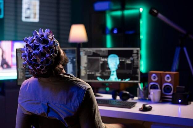 Man using high tech gear to link mind with AI robot gaining superintelligence