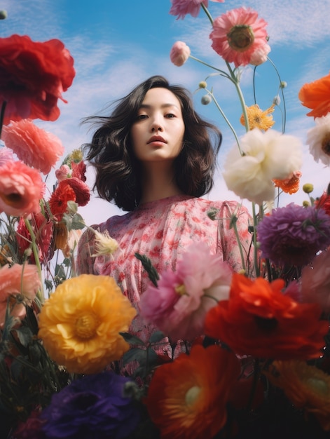 medium shot woman posing with flowers