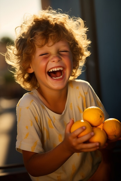 portrait of young boy with orange fruit