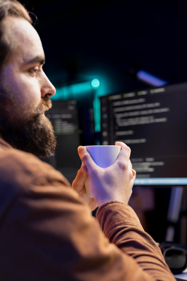 Miễn phí Photo programmer drinking cup of coffee in the morning while building firewalls
