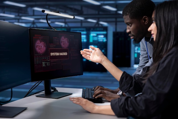 Programmers doing teamwork in server hub trying to protect hardware from hacker
