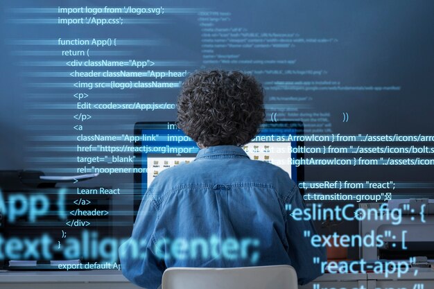 programming background with person working with codes on computer