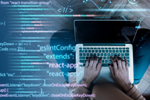 programming background with person working with codes on computer