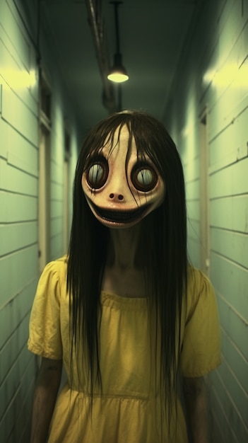 scary woman in abandoned hall