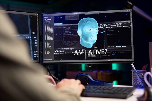 Sentient AI interacting with software developer asking existential questions