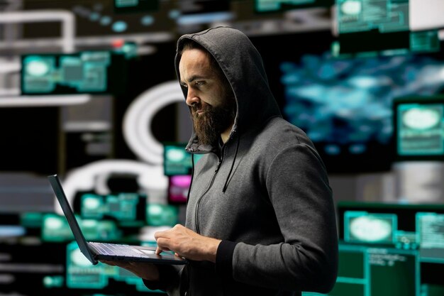 Skilled IT expert compromising cyber security through malware and viruses