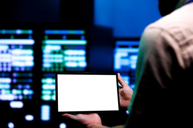 Skillful serviceman conducting annual auditing of data center servers using mock up tablet to optimize dataset processing, prevent system failures and ensure uninterrupted computing power