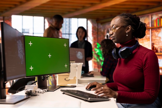 Startup developer using mockup PC coding AI algorithm