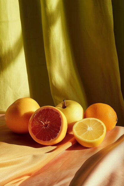 still life of fruits on tablecloth