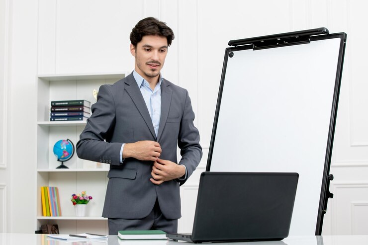 Miễn phí Photo teacher smart instructor in grey suit in classroom with computer and whiteboard buttoning suit