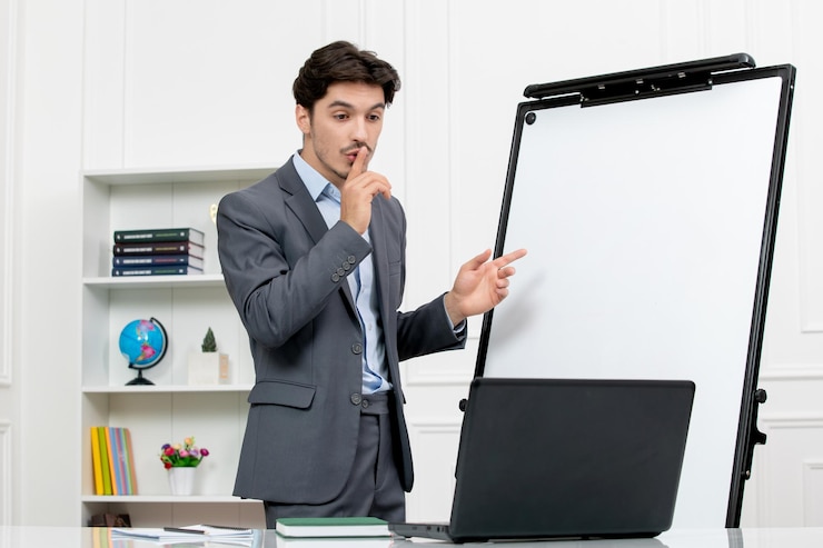 Miễn phí Photo teacher smart instructor in grey suit in classroom with computer whiteboard showing silence sign
