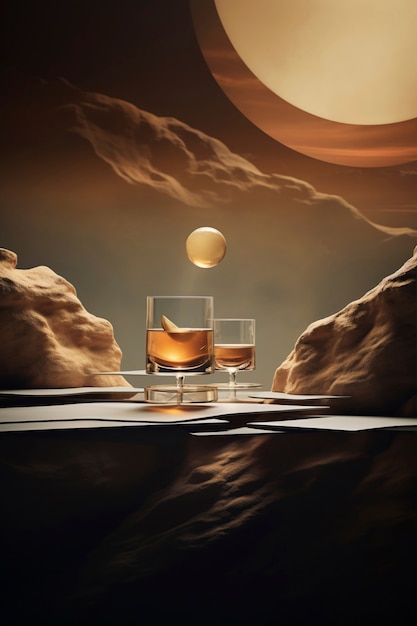 view of cocktail beverage in glass with abstract neo-futuristic set