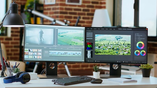creative workspace desk for video production in living room