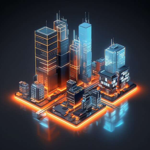 Isometrinen näkymä neonkaupungin 3d-renderöinnistä