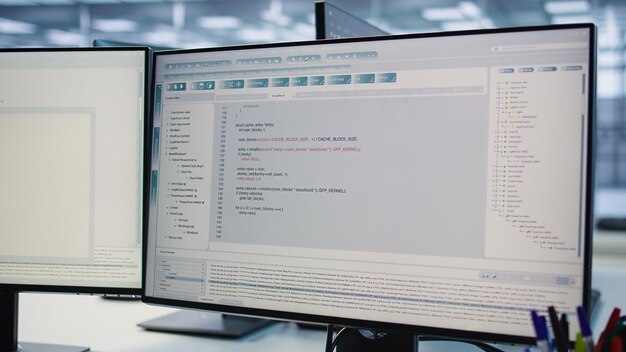 Lähikuva pöydällä olevista PC-näytöistä, joita käytetään datakeskuksen laitteiden energiankulutuksen seurantaan