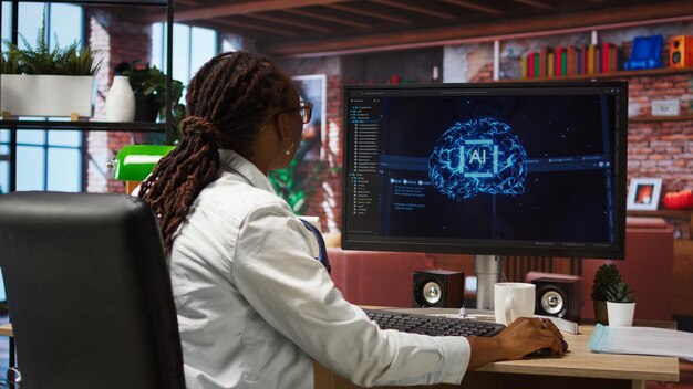 Programmer using computer at home for artificial intelligence computing