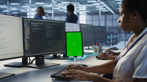 Programmers using isolated screen tablet in server room
