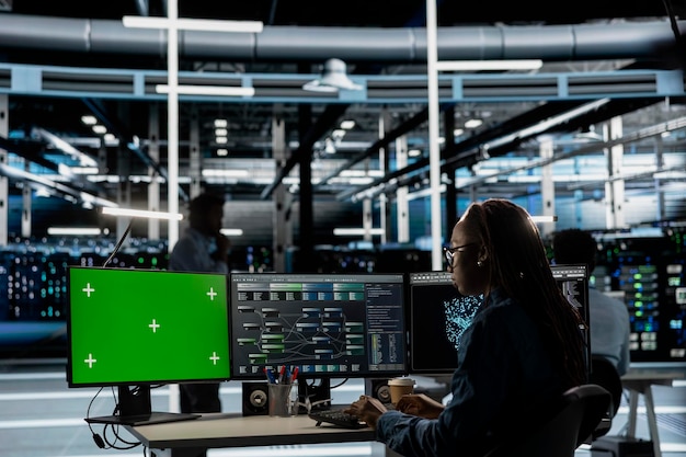 Server hub expert using AI programming language on chroma key computer