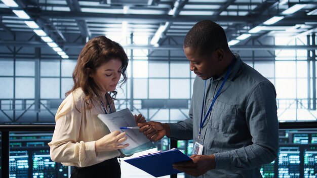 Team of data center supervisors reading paperwork files