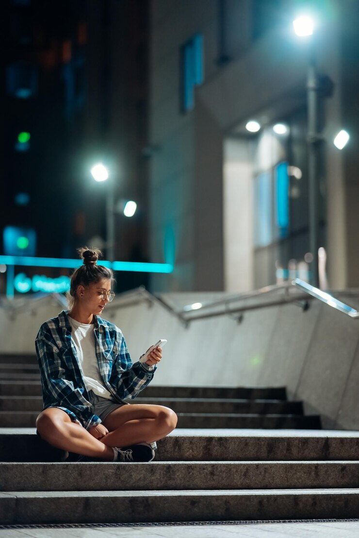Ilmainen Kuva woman with a smartphone sits on long stone steps in the night city