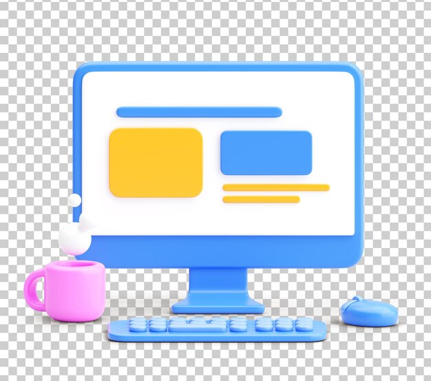 3D Computer Desk Scene with Website or Dashboard Layout on Screen Representing UI UX Design and Digital Workspace