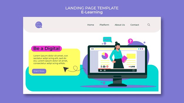 Flat design e learning landing page template