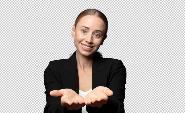 smiling happily with friendly confident positive look offering and showing an object or concept