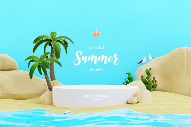 Summer Background Template composition with cute podium stage Palm trees and beach objects
