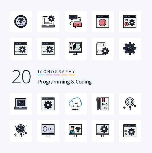 20 Programming And Coding Line Filled Color icon Pack like develop coding development search development