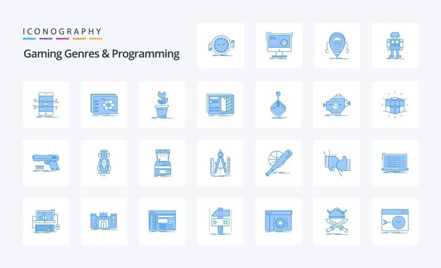 25 Gaming Genres And Programming Blue icon pack Vector icons illustration