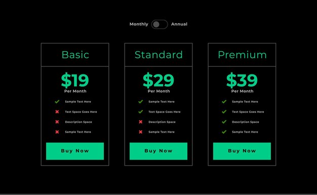 3 column pricing chart table dark template for website app