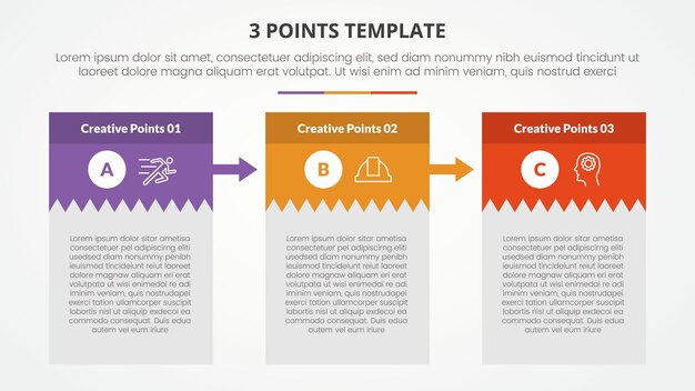 3 points stage template infographic concept for slide presentation with creative box table with big header and arrow with 3 point list with flat style
