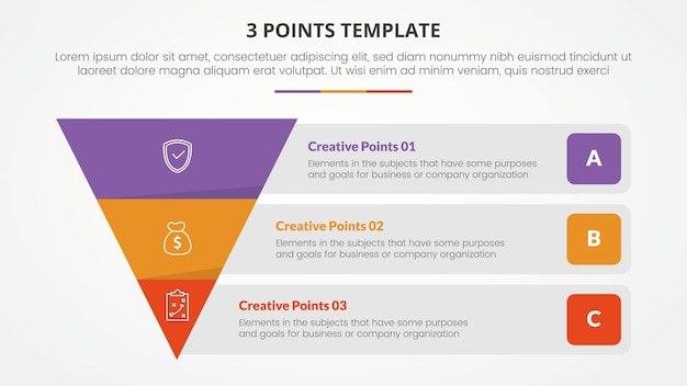 3 points stage template infographic concept for slide presentation with reverse pyramid and rectangle box container description with 3 point list with flat style