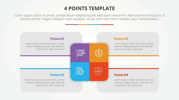 4 points stage template infographic concept for slide presentation with big rectangle center and box description around with 4 point list with flat style vector