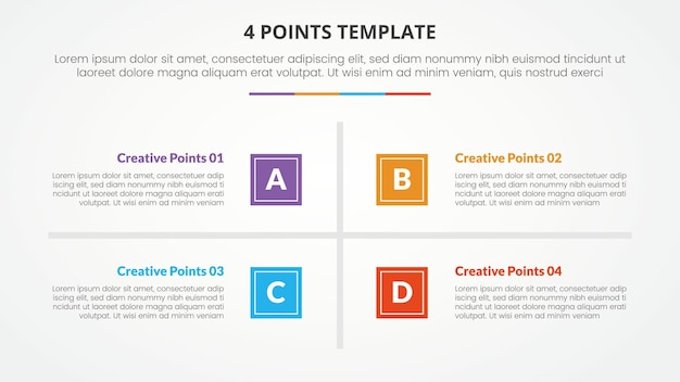 4 points stage template infographic concept for slide presentation with square base and cross line center 4 point list with flat style vector