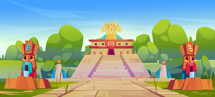 Ilmainen Vektori ancient aztec pyramid temple and statues historical landmarks of mayan civilization vector cartoon illustration of summer landscape with tropical forest and mesoamerican village with ziggurat