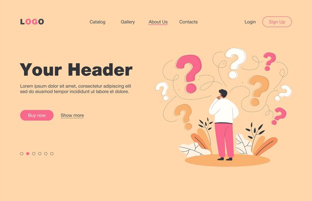 Back view of man making business decision flat  landing page.. Cartoon character thinking about options and questions marks around him. Success and searching for solution strategy concept