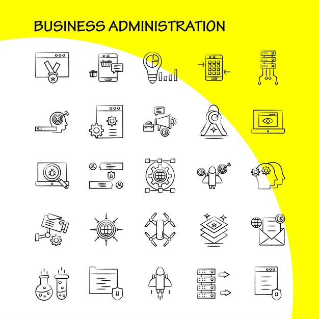 Business Administration Hand Drawn Icons Set For Infographics Mobile UXUI Kit And Print Design Include Graph Dollar Business Money Gear Setting Pencil Writing Eps 10 Vector